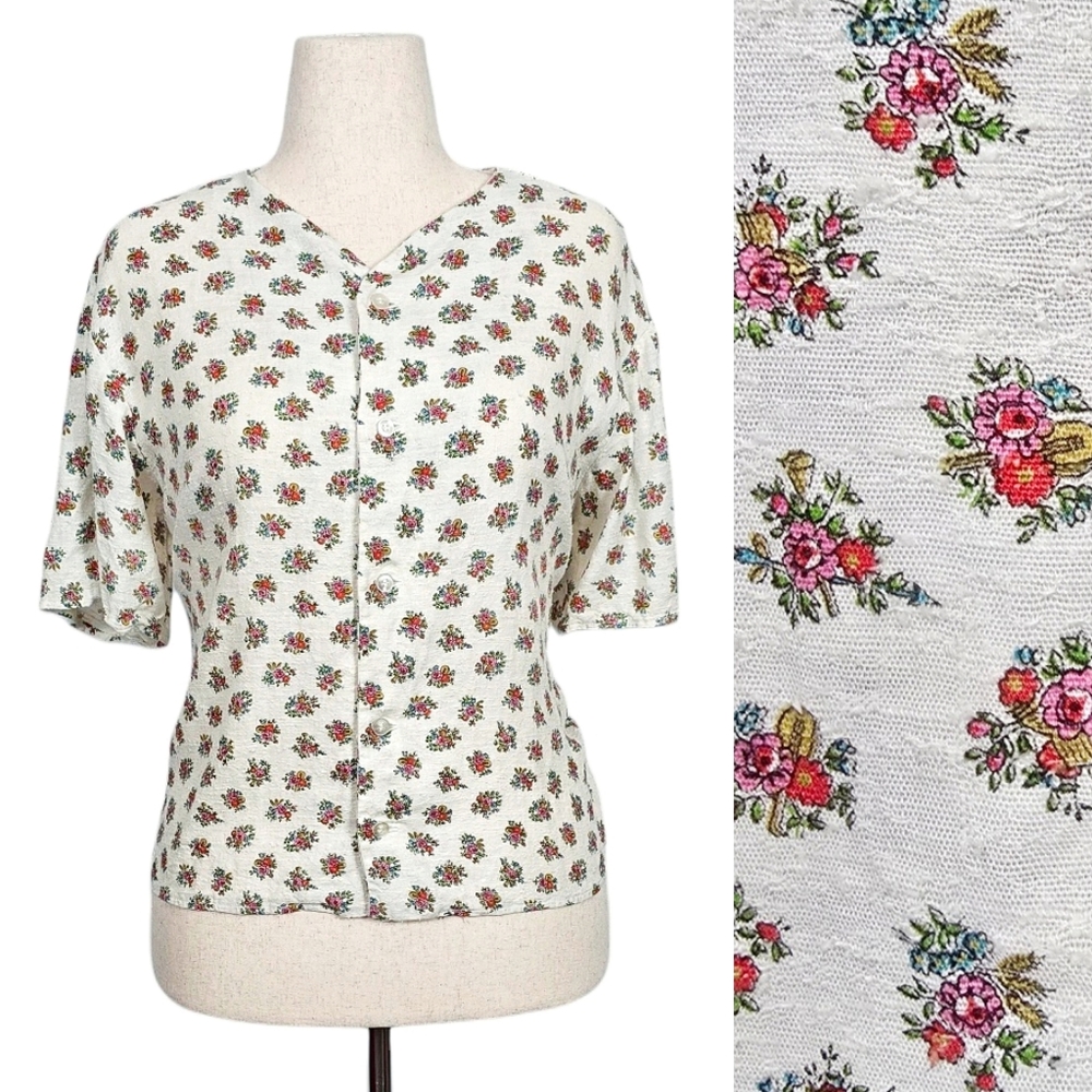 1950s Vintage Blouse 50s Button Down Shirt Novelty Print XL White Floral Top
